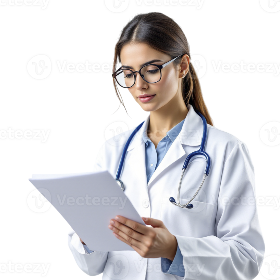 A female doctor in a white coat and glasses is reading a document png