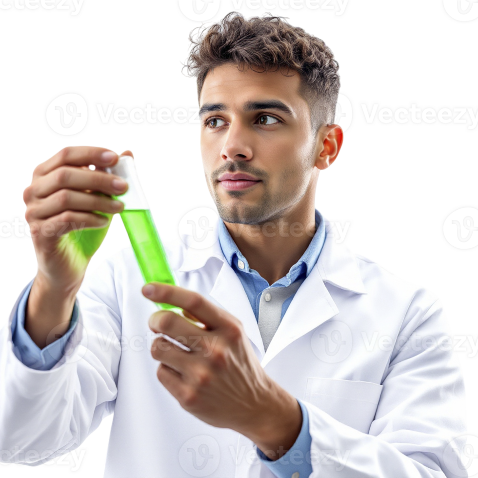 A man in a lab coat holding a green liquid png