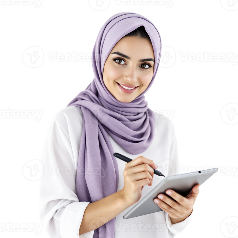 A woman in a hijab is holding a tablet png