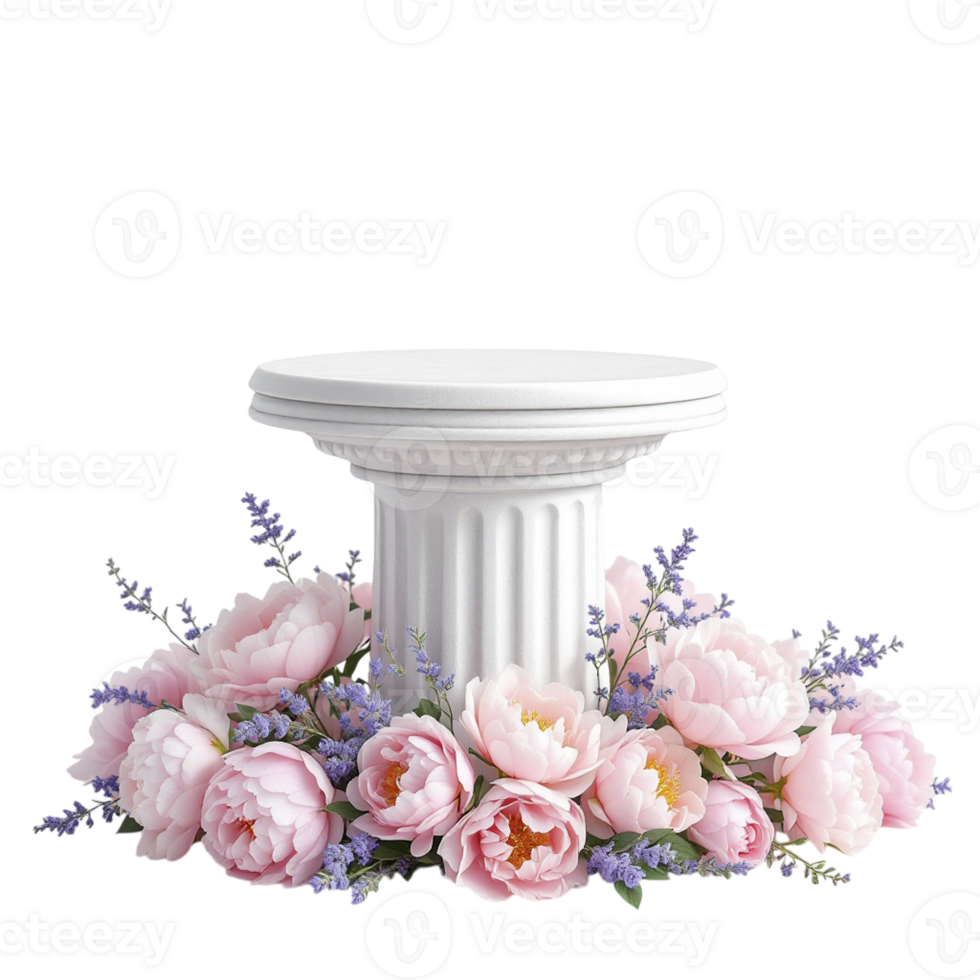 A white pedestal with pink flowers and lavender png