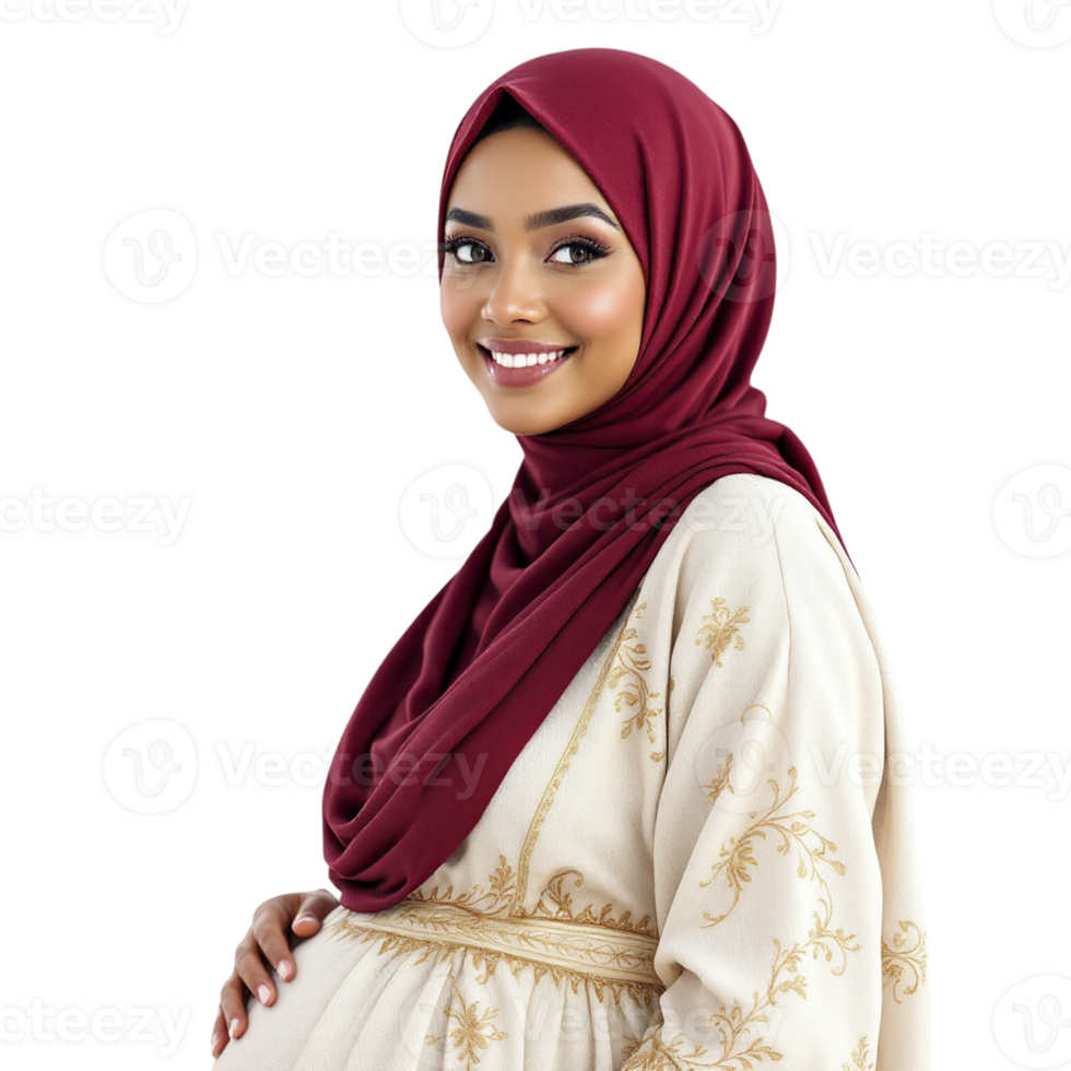 A pregnant woman in a maroon hijab png
