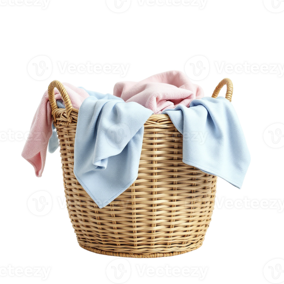 A basket with pink and blue towels in it png