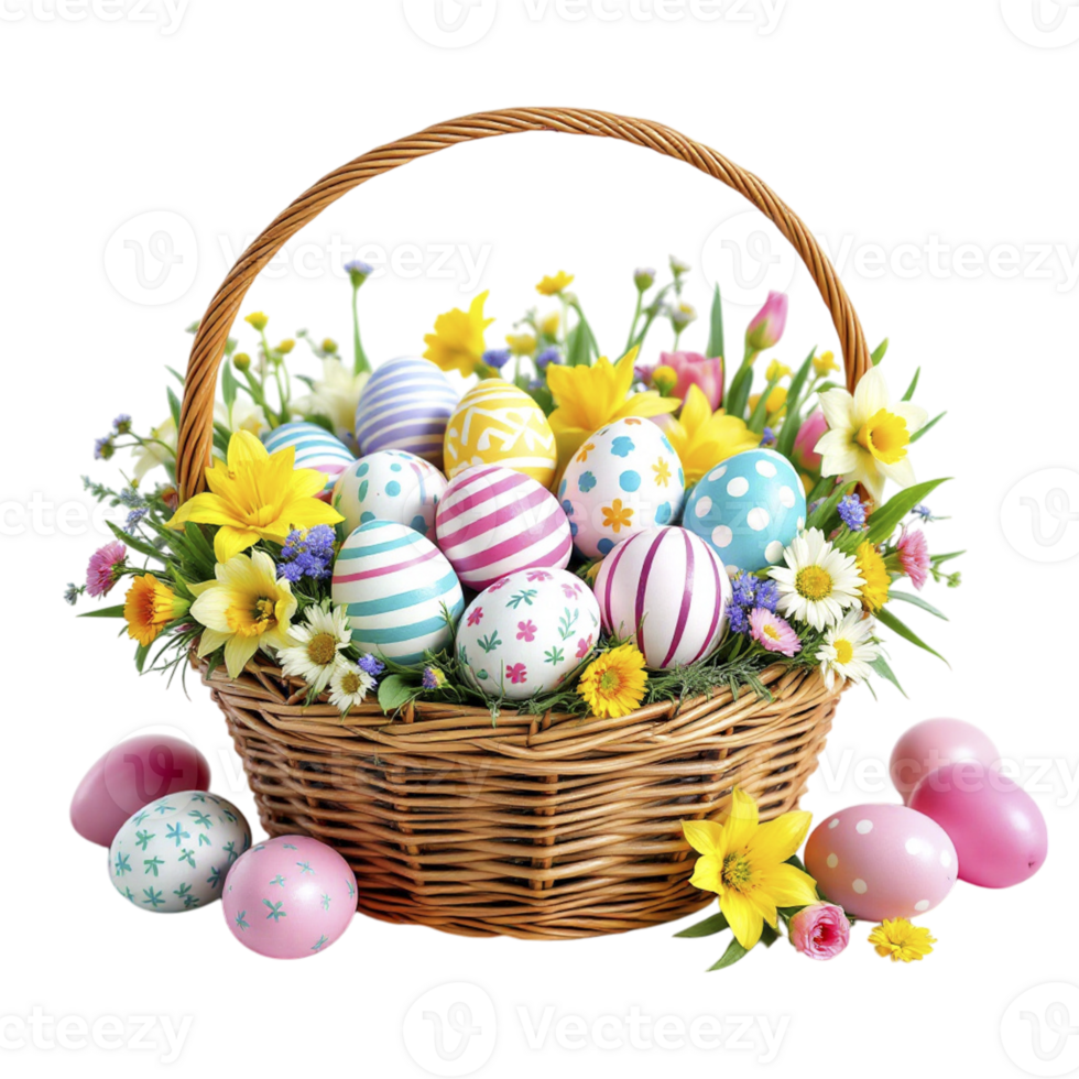 Easter eggs in a basket with flowers and daisies png