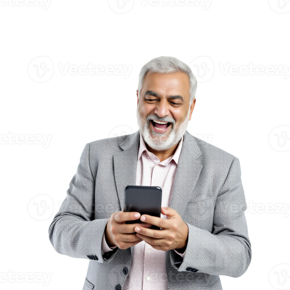 A man in a suit is laughing while using his phone png