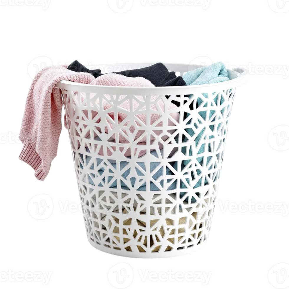 A white laundry basket with a pink and blue scarf png