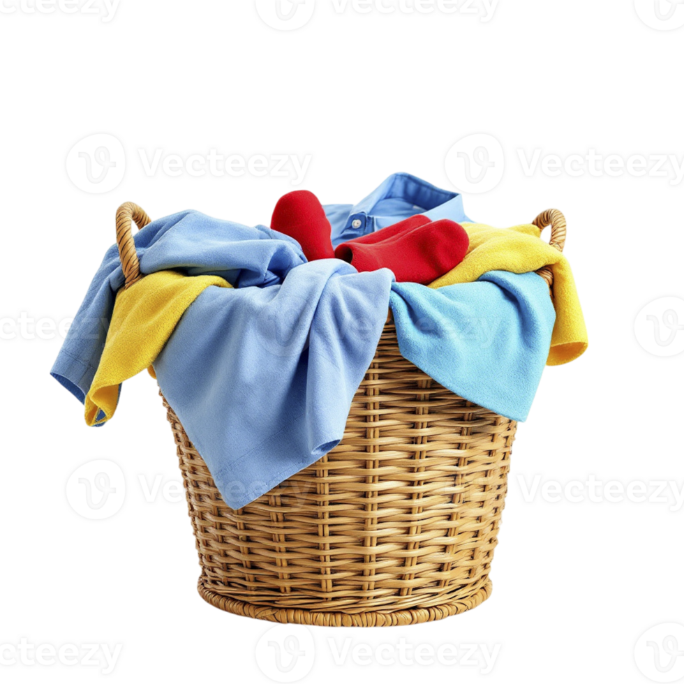 A basket with blue and yellow towels in it png