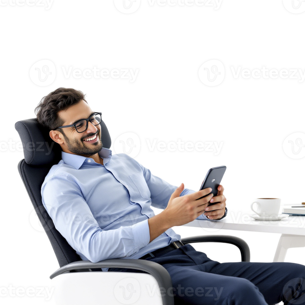 A man in a business suit sitting in a chair with his phone png