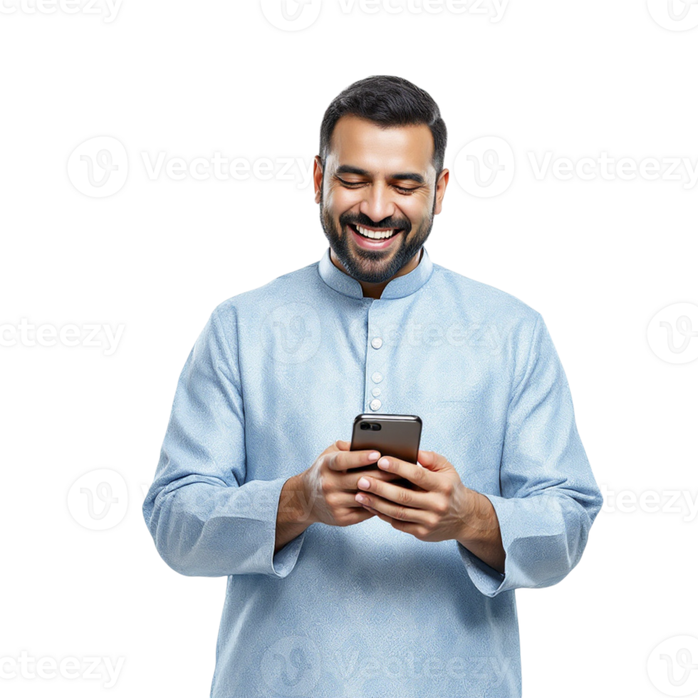 A man in a blue shirt is smiling while using his phone png
