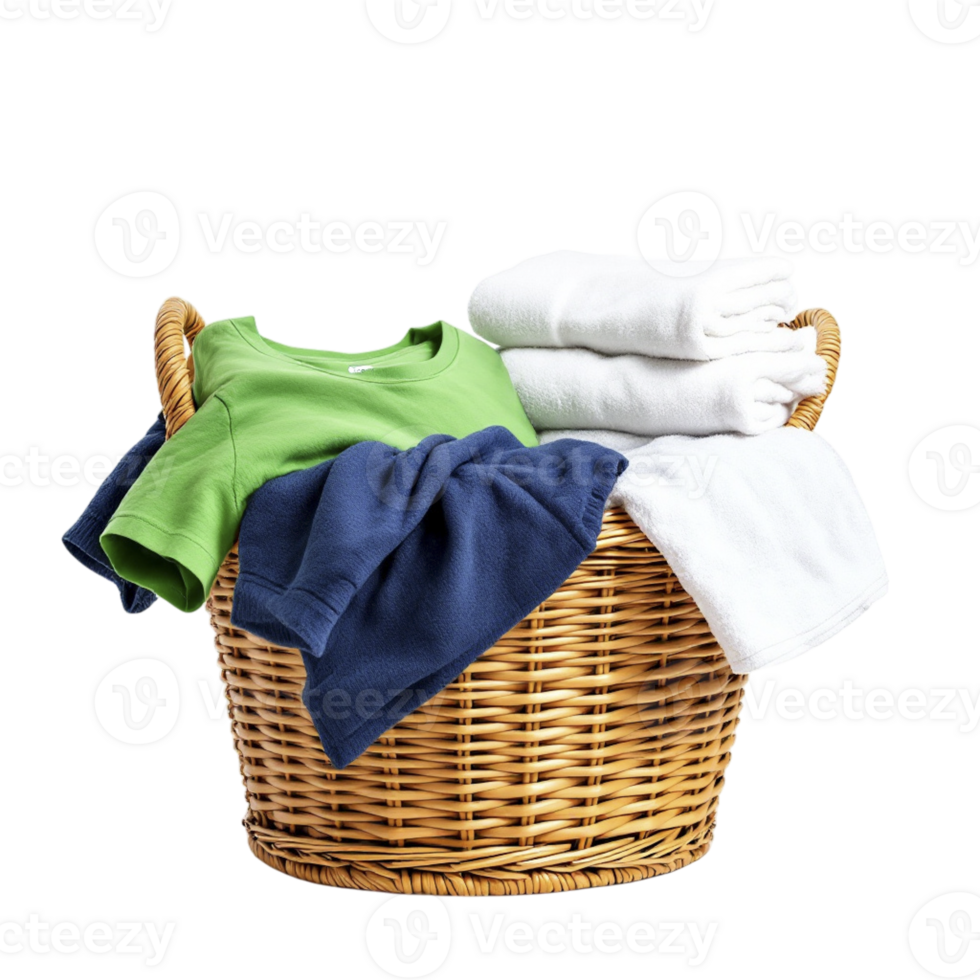 A basket with folded clothes and towels png