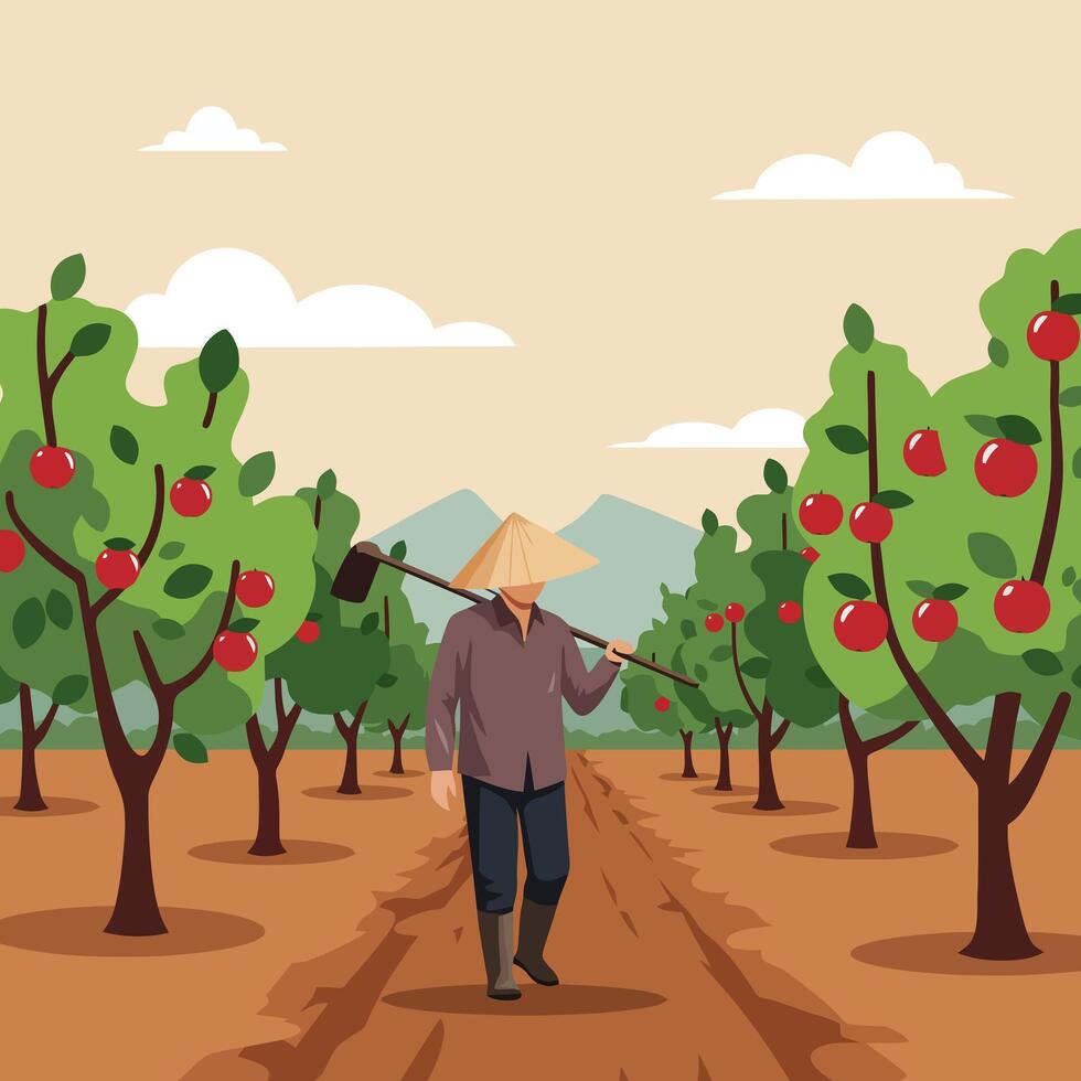 Farmer Walking Through Orchard with Apples on Trees Under Sky vector