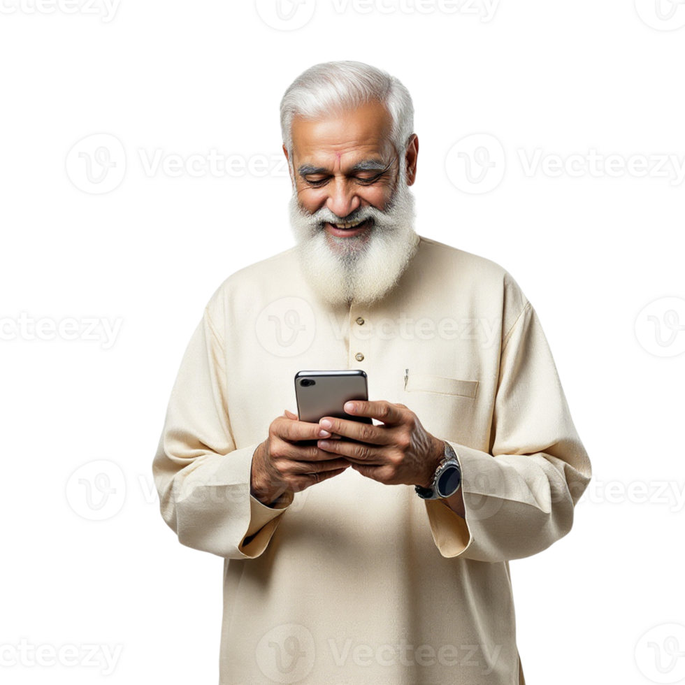 An old man with a white beard and beard is using his phone png