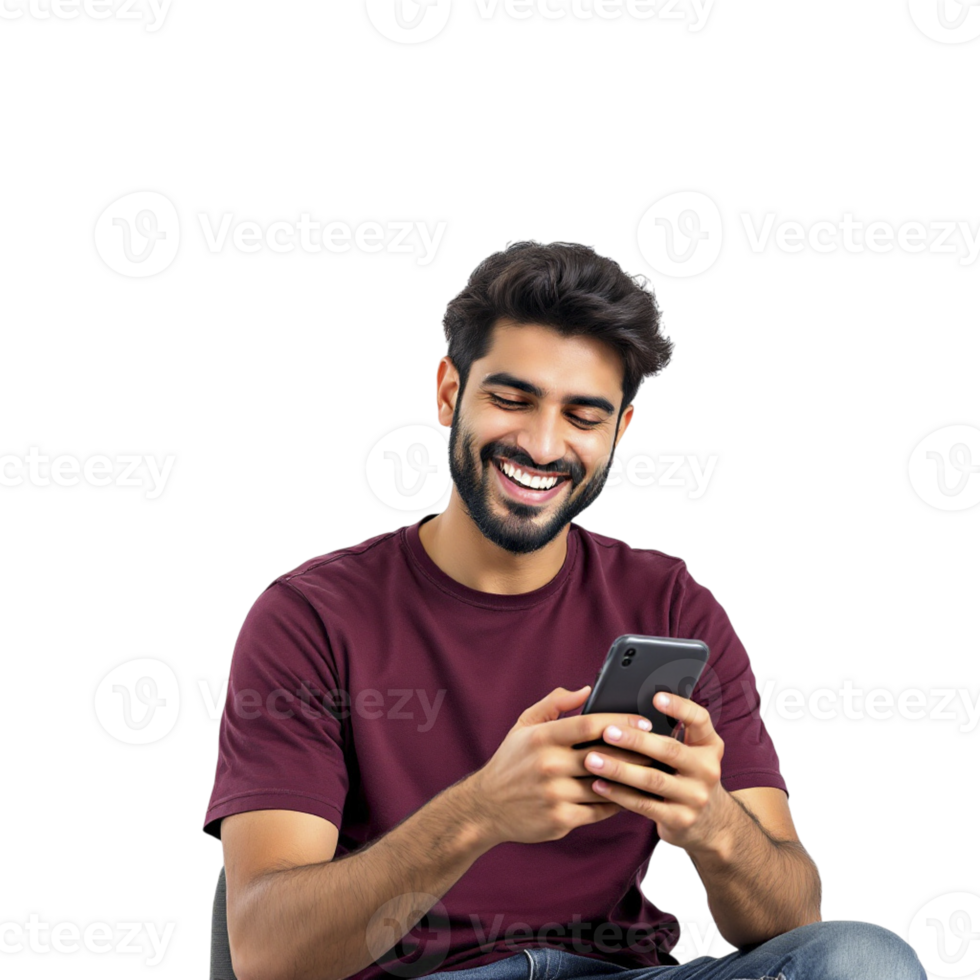 A man with a beard and a maroon shirt is sitting on a chair and smiling while using png