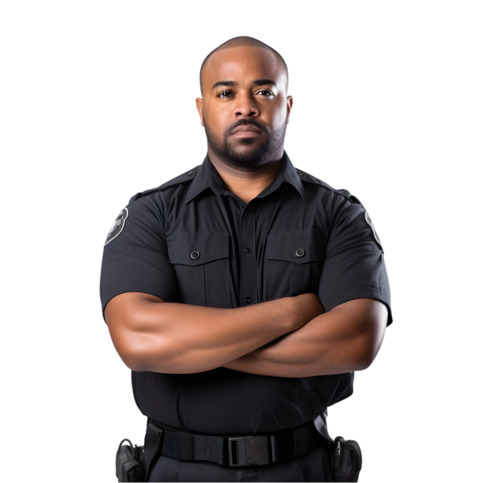 Security guard overseeing public safety urban area portrait daylight professional stance vigilance concept png