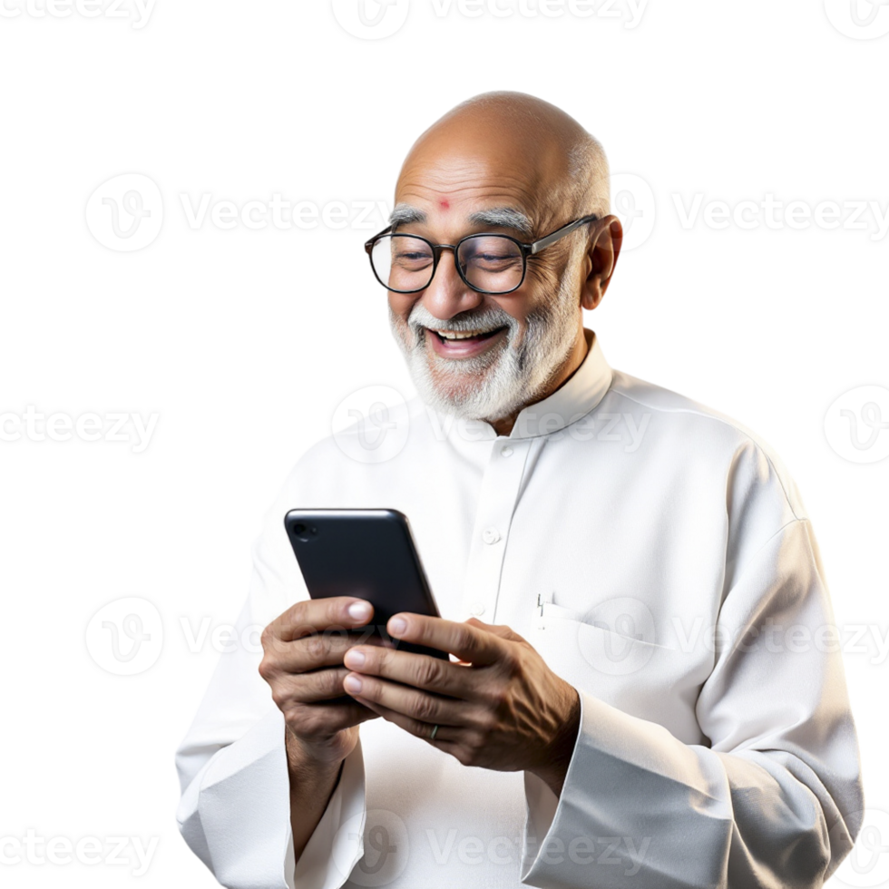 An elderly man in a white shirt is smiling and holding a cell phone png
