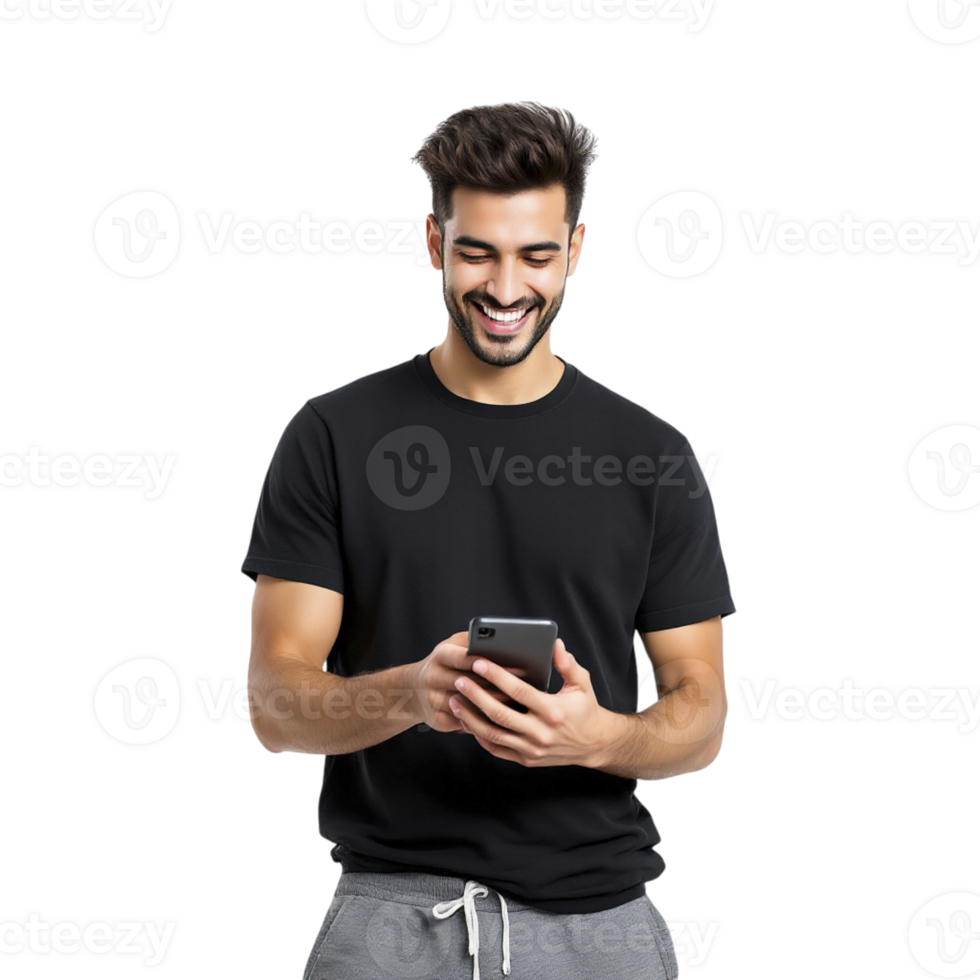A man in a black t - shirt and sweat pants is holding a cell phone png