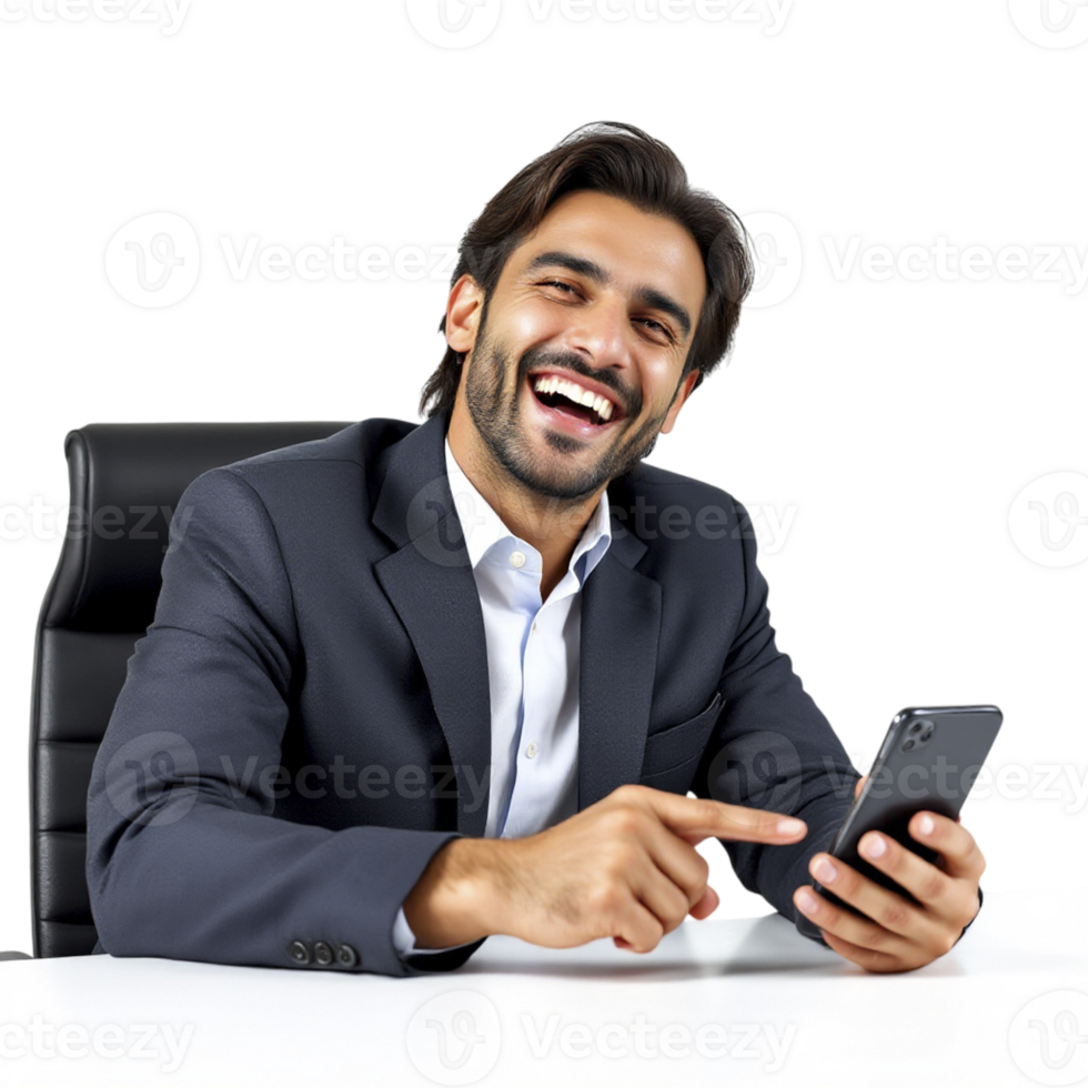 A man in a suit is laughing while using a cell phone png