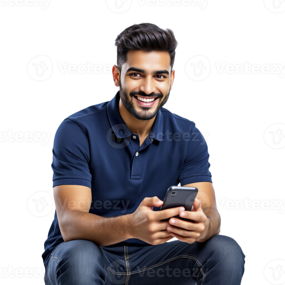 A man in a blue shirt is sitting on the ground and holding a cell phone png