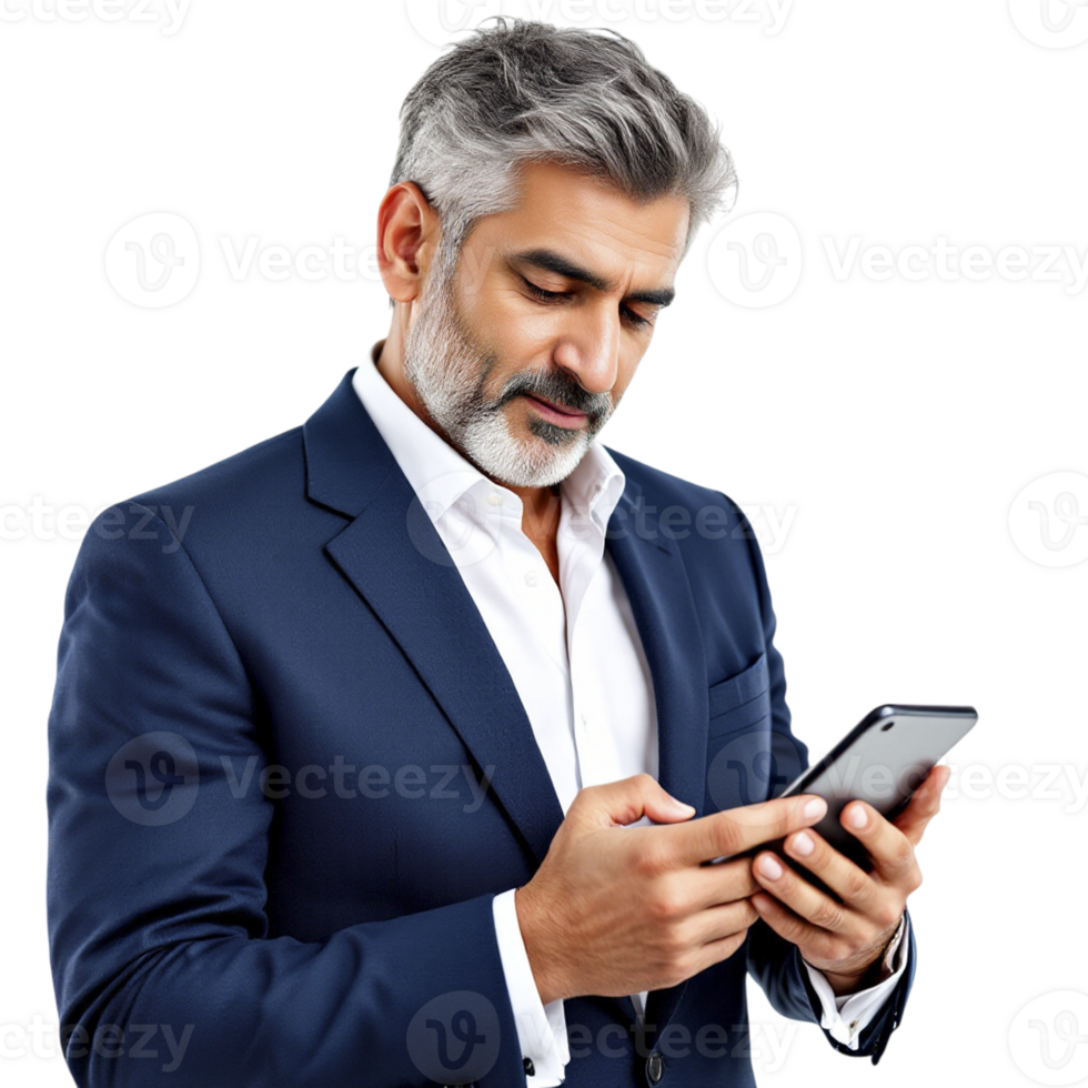 A man in a suit is looking at his phone png