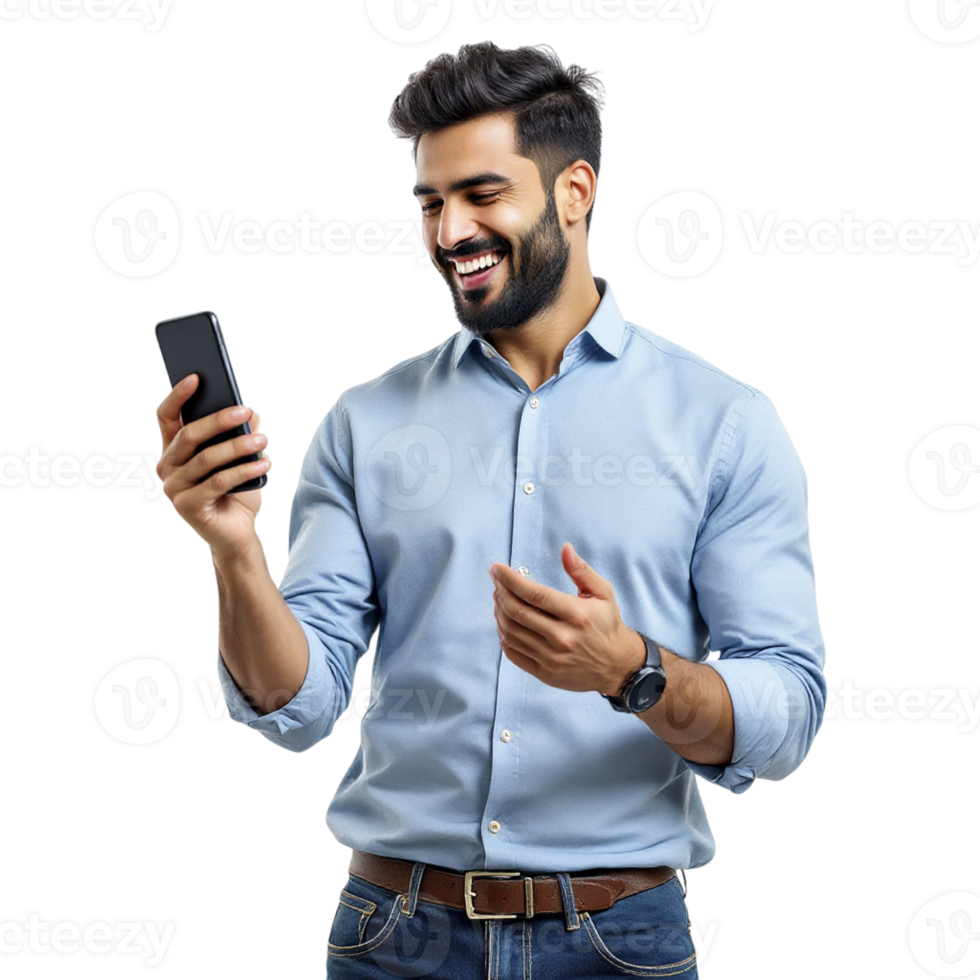 A man is holding a smartphone and smiling png
