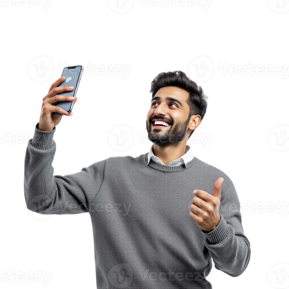 A man is holding up his phone and giving a thumbs up png