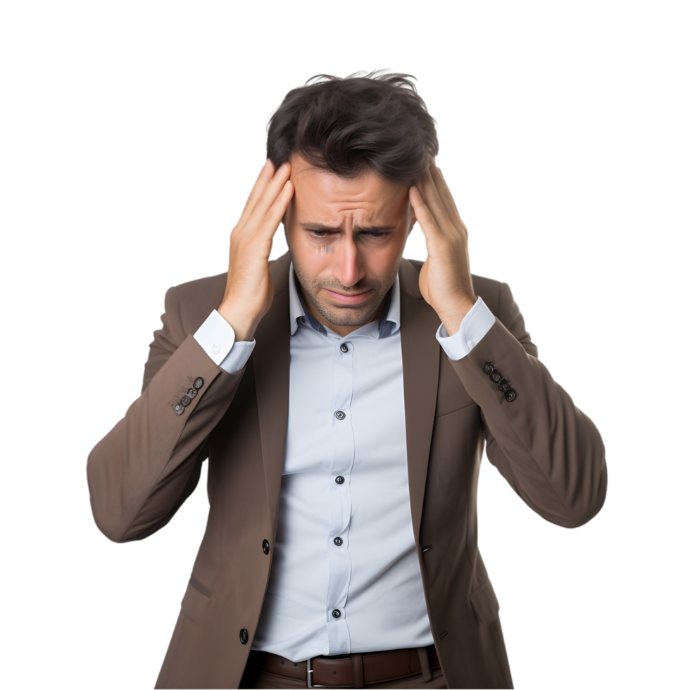 Stressed businessman in office professional setting portrait emotional turmoil close-up anxiety management png