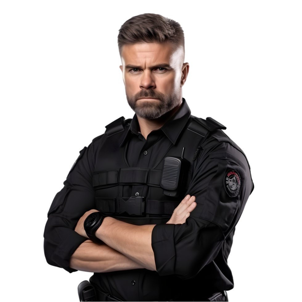 Security guard monitoring area urban environment portrait photography serious atmosphere front view professionalism png