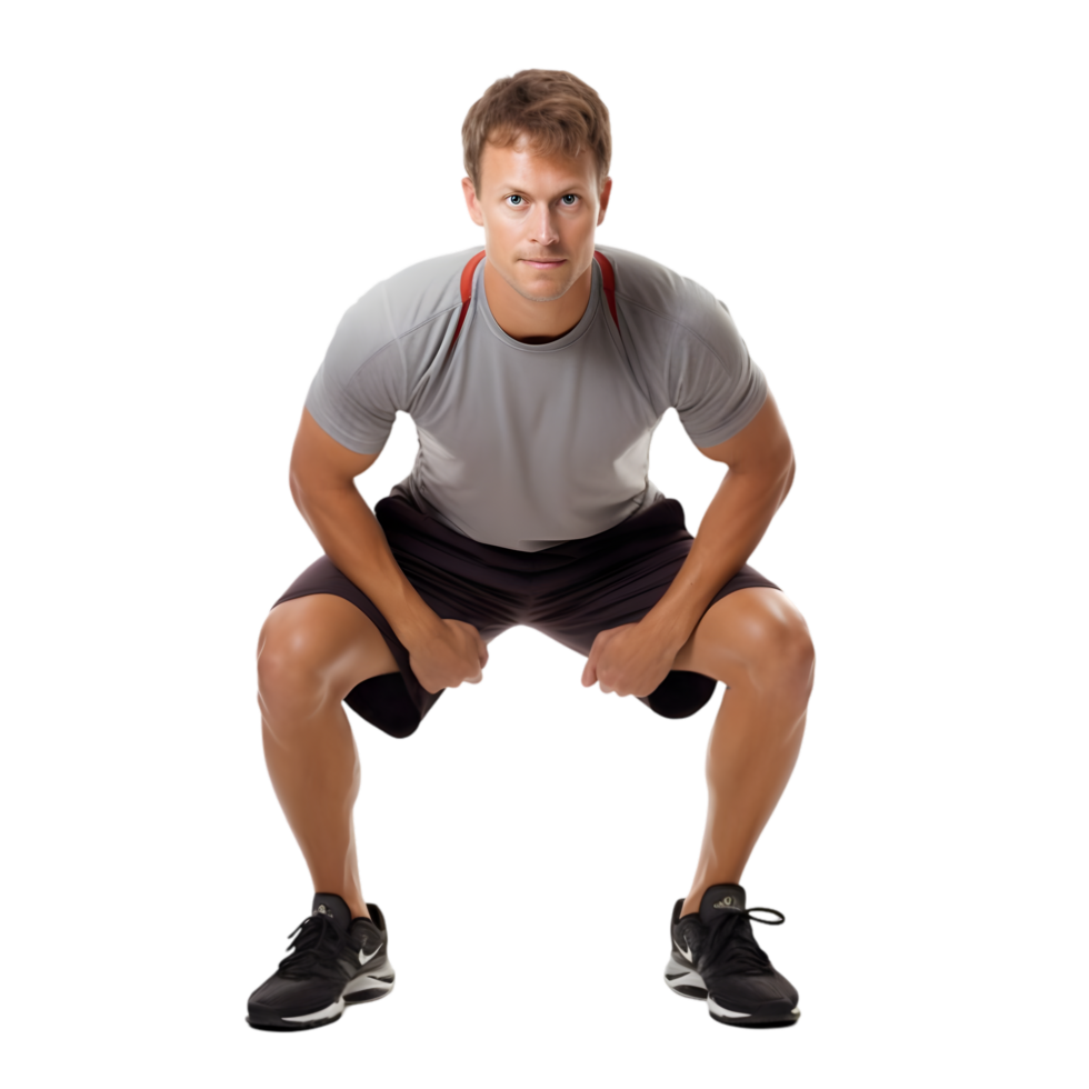 Personal trainer demonstrating squat iso technique gym studio fitness content indoor environment side view strength training concept png
