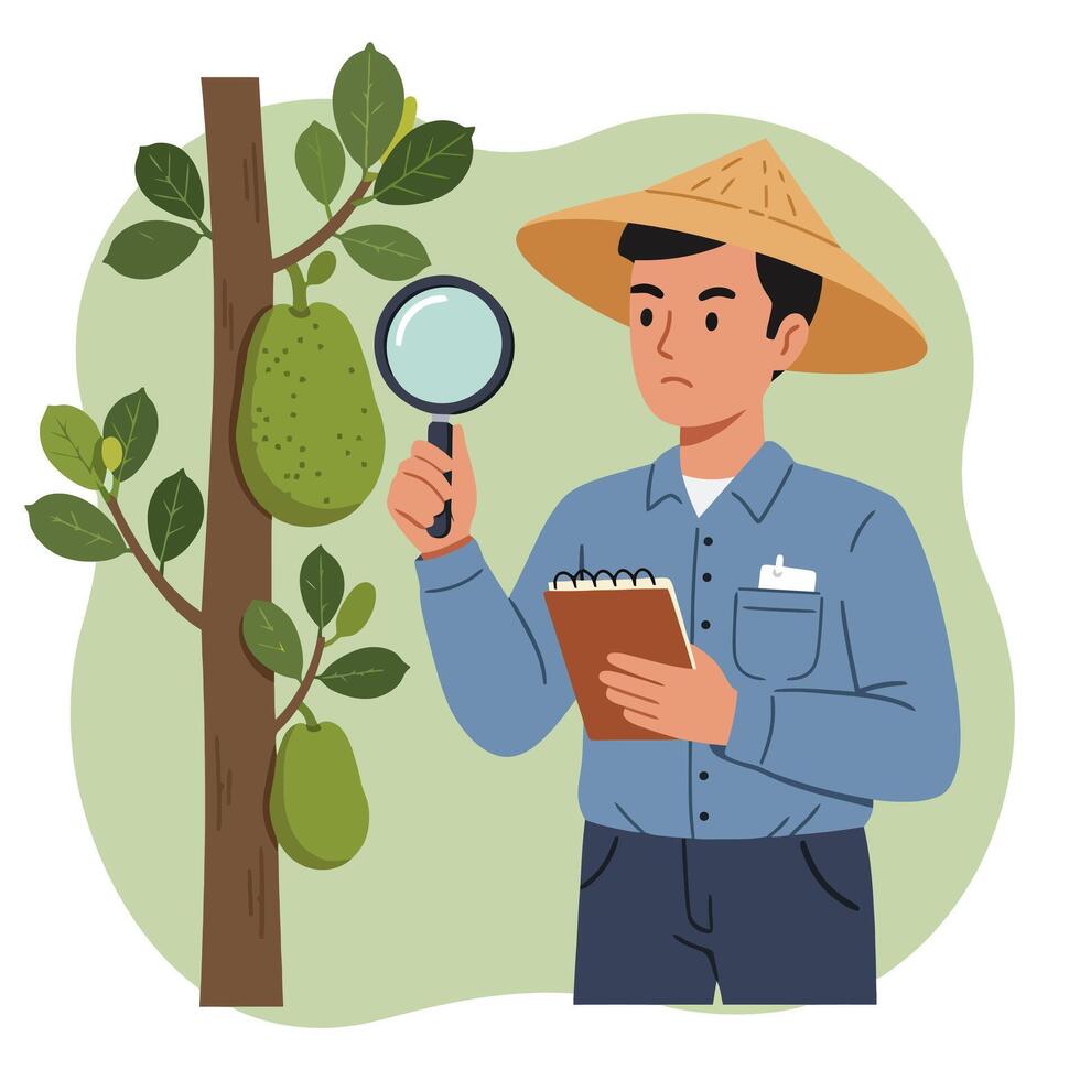 Farmer Inspecting Fruit on Tree with Magnifying Glass and Notepad vector