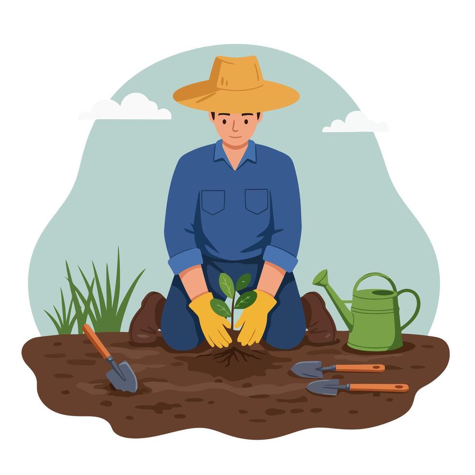 Man Planting Seedling in Garden with Tools and Watering Can vector