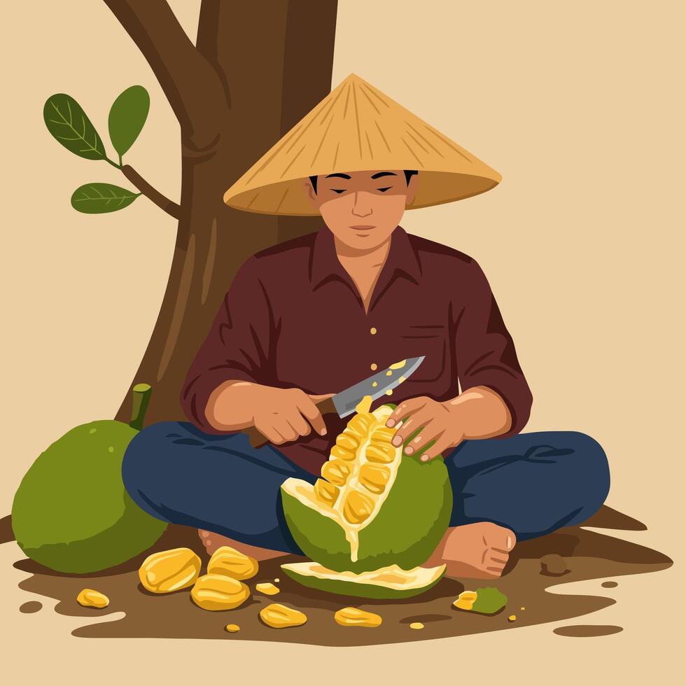 Person Cutting Jackfruit Under Tree in Traditional Hat and Clothing vector