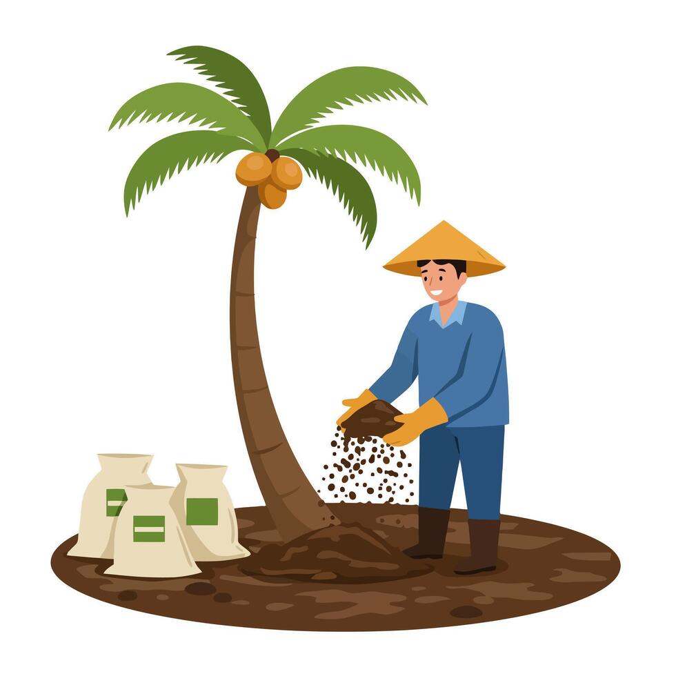 Planting a Coconut Palm Tree with Organic Soil by a Farmer vector