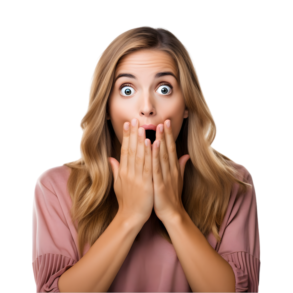 Surprised woman covering mouth indoor setting emotion capture personal reaction close-up view awe and shock png