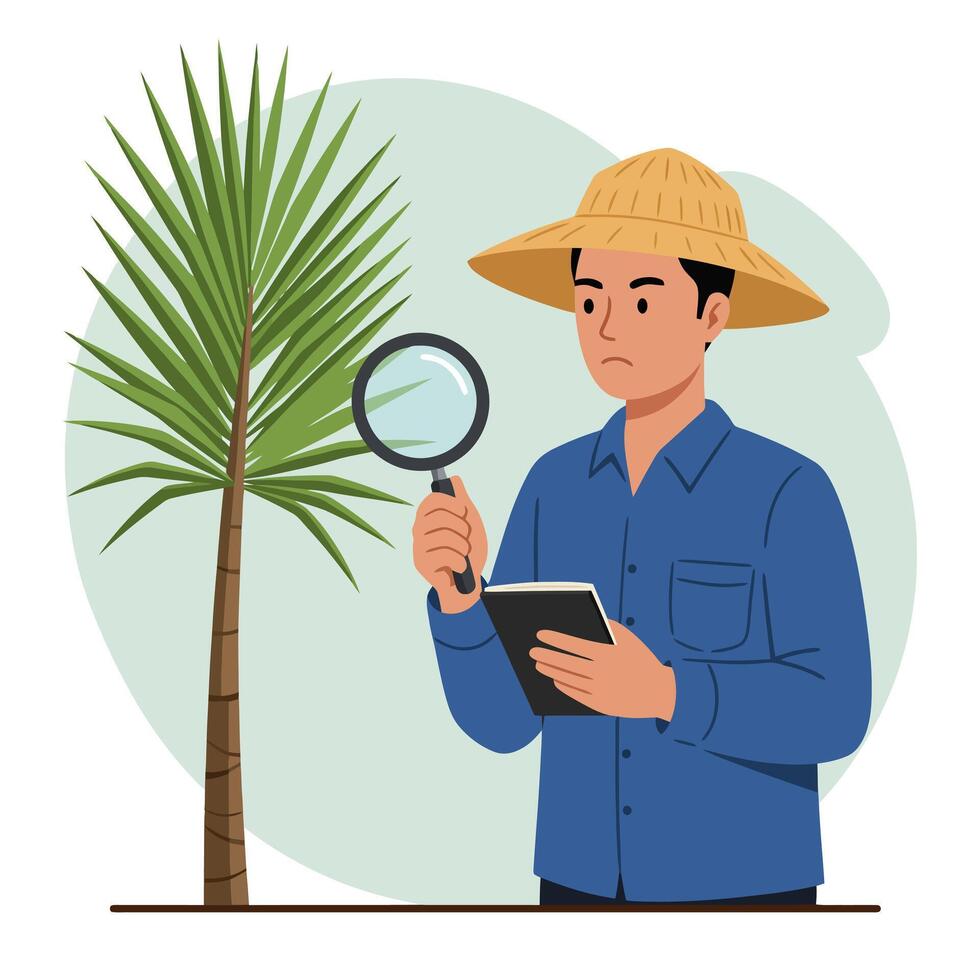 Examining Plant Leaves with Magnifying Glass and Taking Notes Person vector