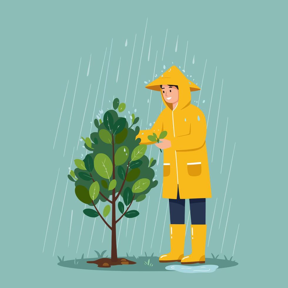 Person Planting Tree in Rain Wearing Yellow Raincoat and Boots vector