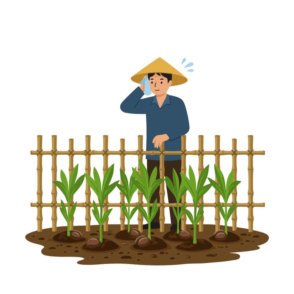 Man Farming Sweating in Field with Conical Hat and Bamboo Fence vector