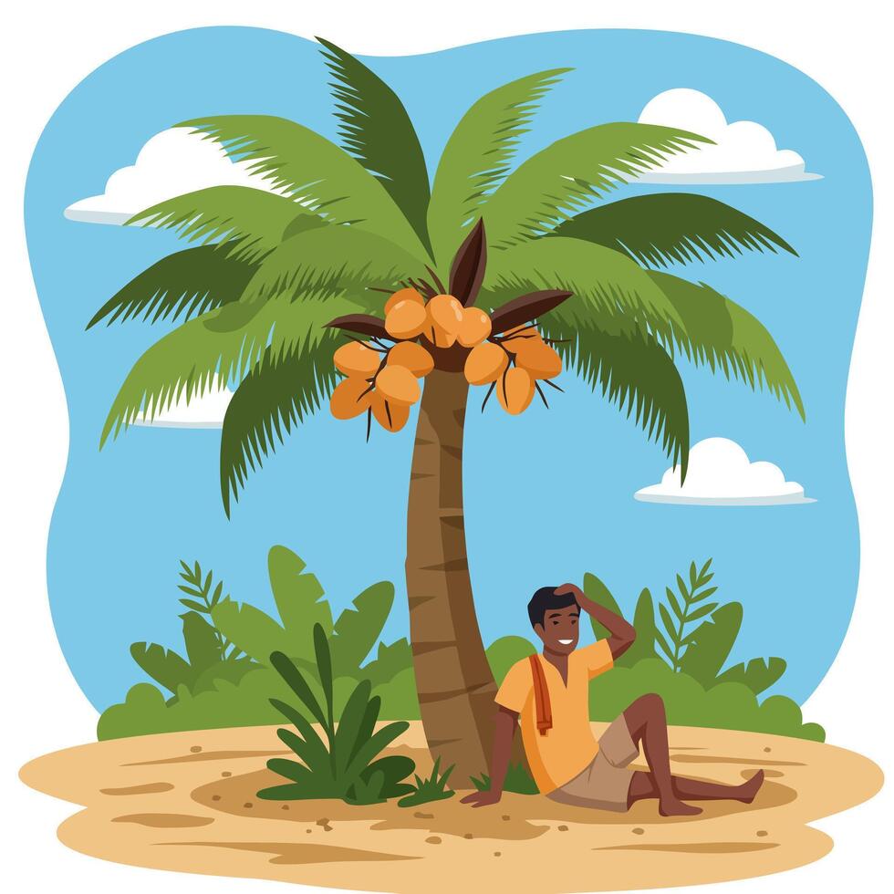 Man Relaxing Under a Coconut Tree on a Sunny Day vector
