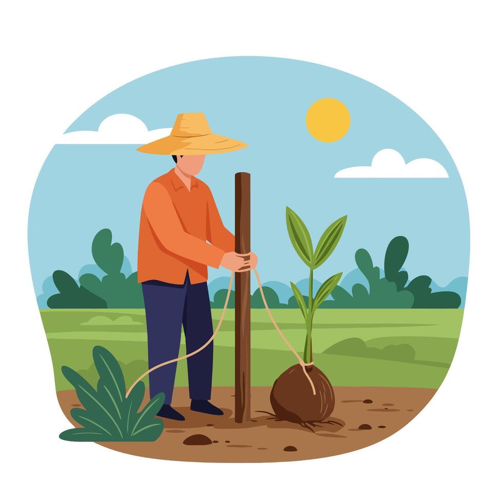 Farmer Planting Sapling Tying Rope to Stake in Field Agriculture vector