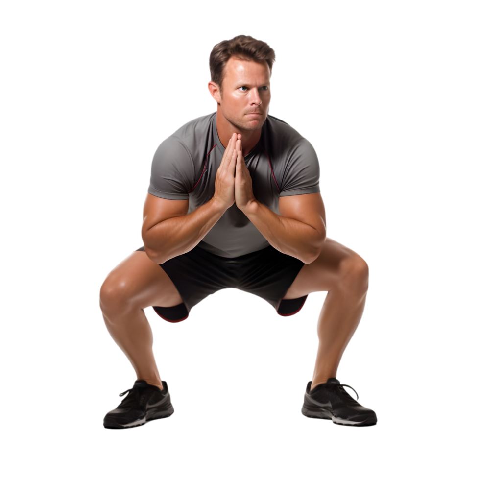 Personal trainer demonstrates squat iso technique gym fitness instruction indoor low angle strength training png