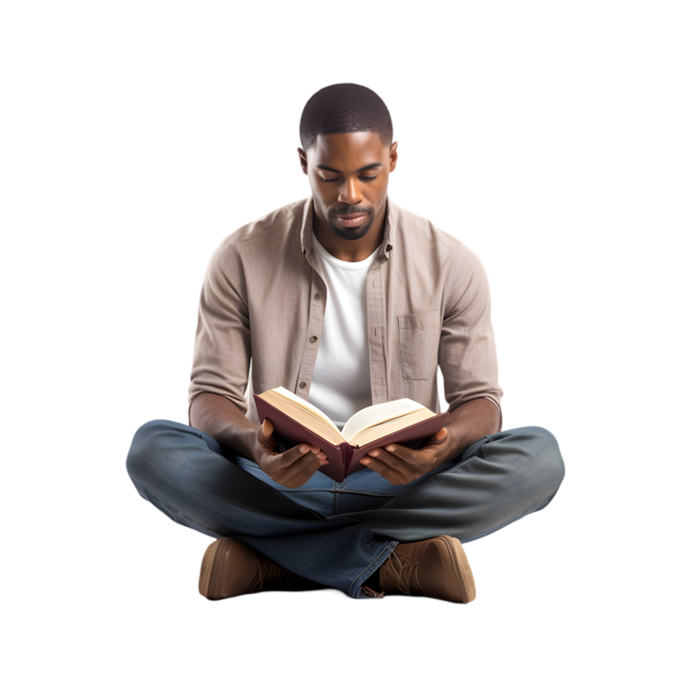 Meditative reading session indoor space man crosslegged with book calm environment close-up view personal growth concept png