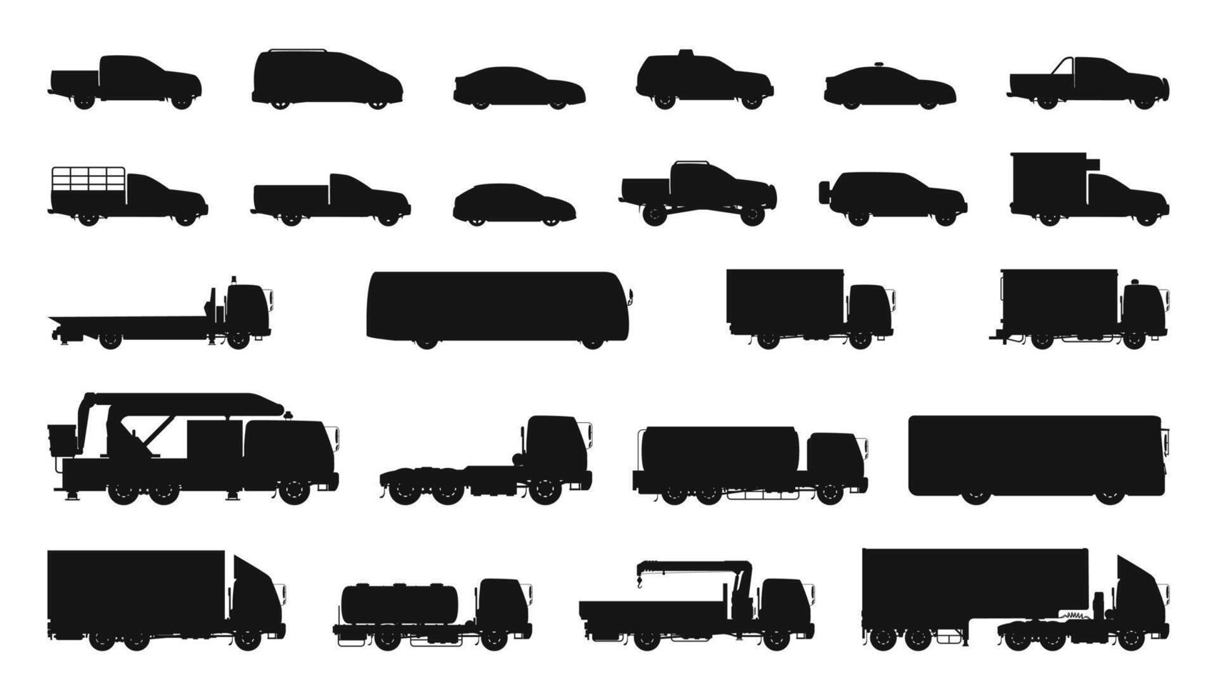 Trucks in Various Sizes. Truck flat Black Silhouettes vector