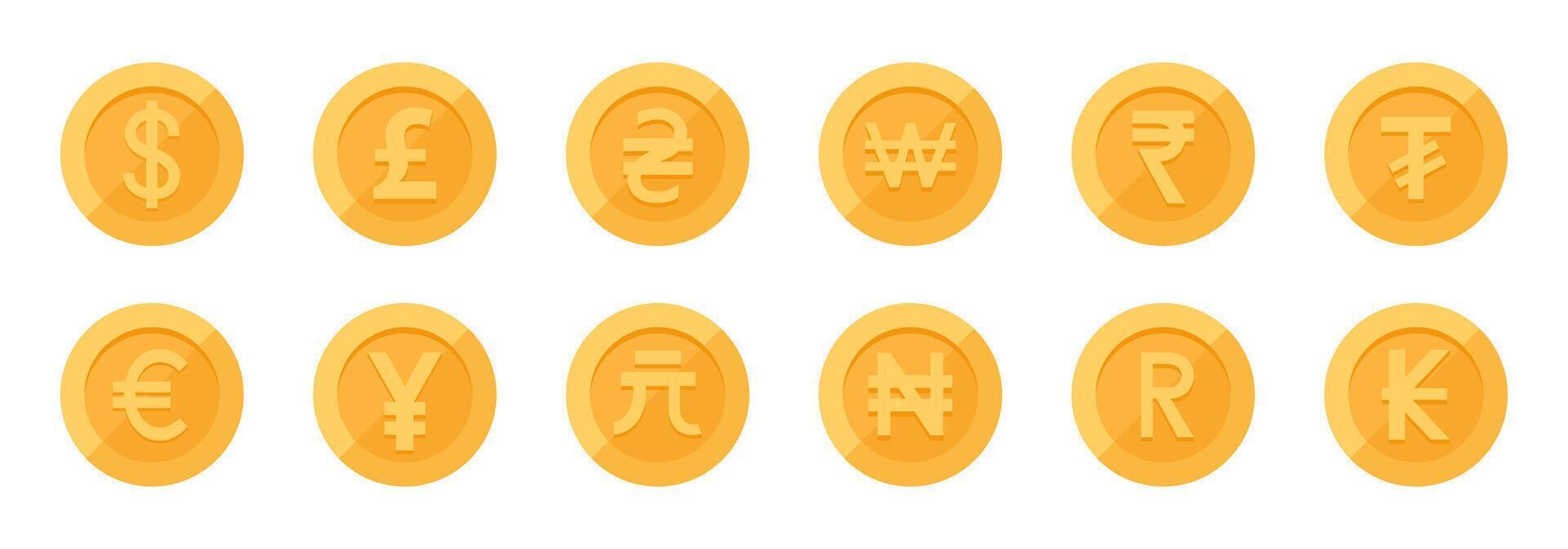 Golden Coins with International Currency Symbols Set vector