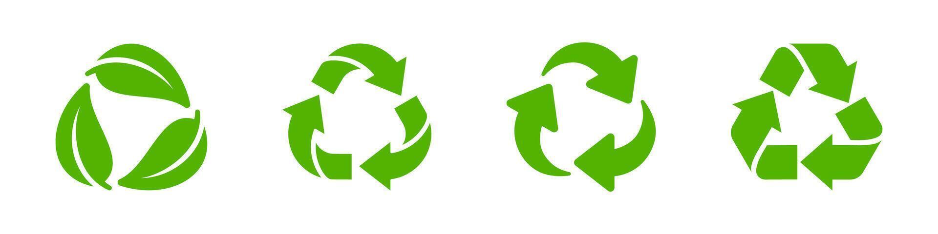 Green Recycling Symbols with Arrows and Leaves Set vector
