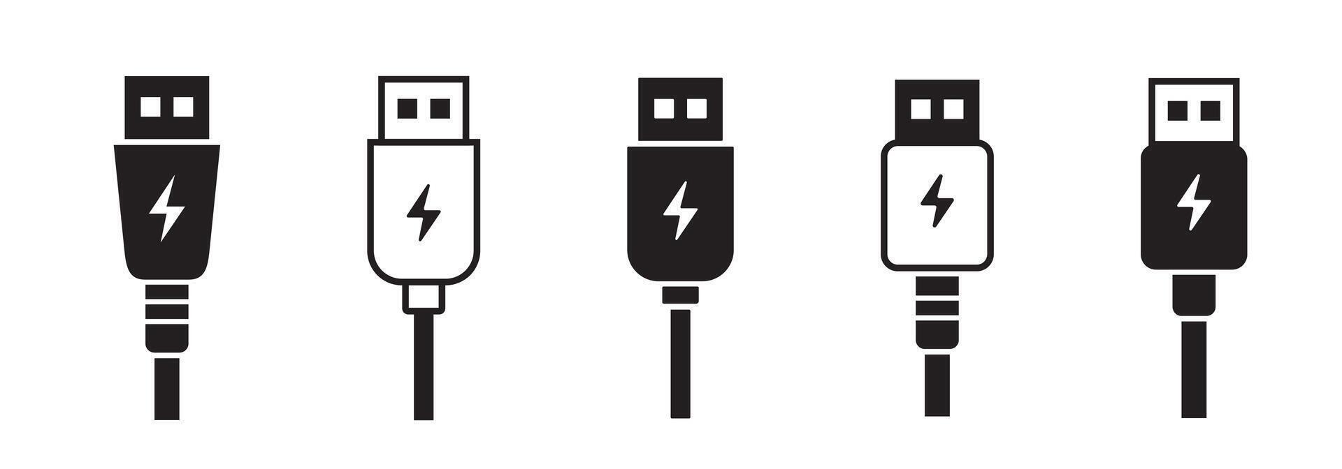 USB Charging Cables with Lightning Bolt Icons Set vector