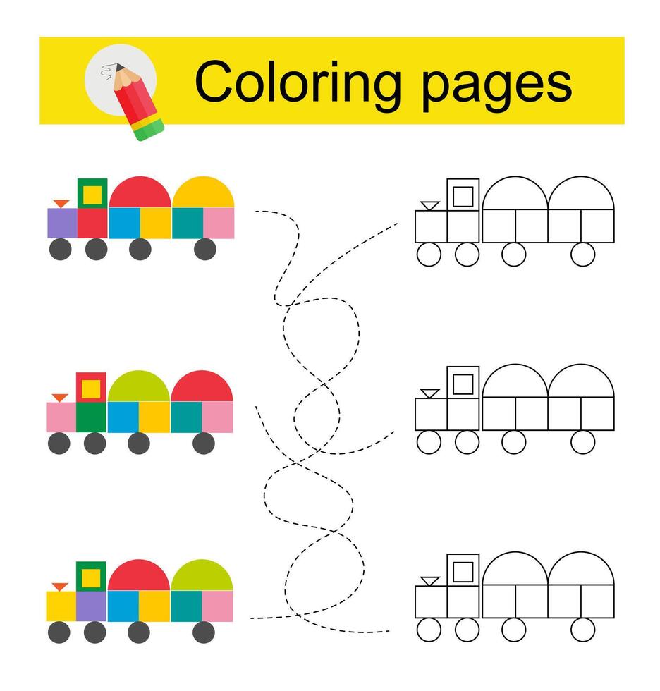 Go through the maze and color a cartoon train according to the pattern. vector