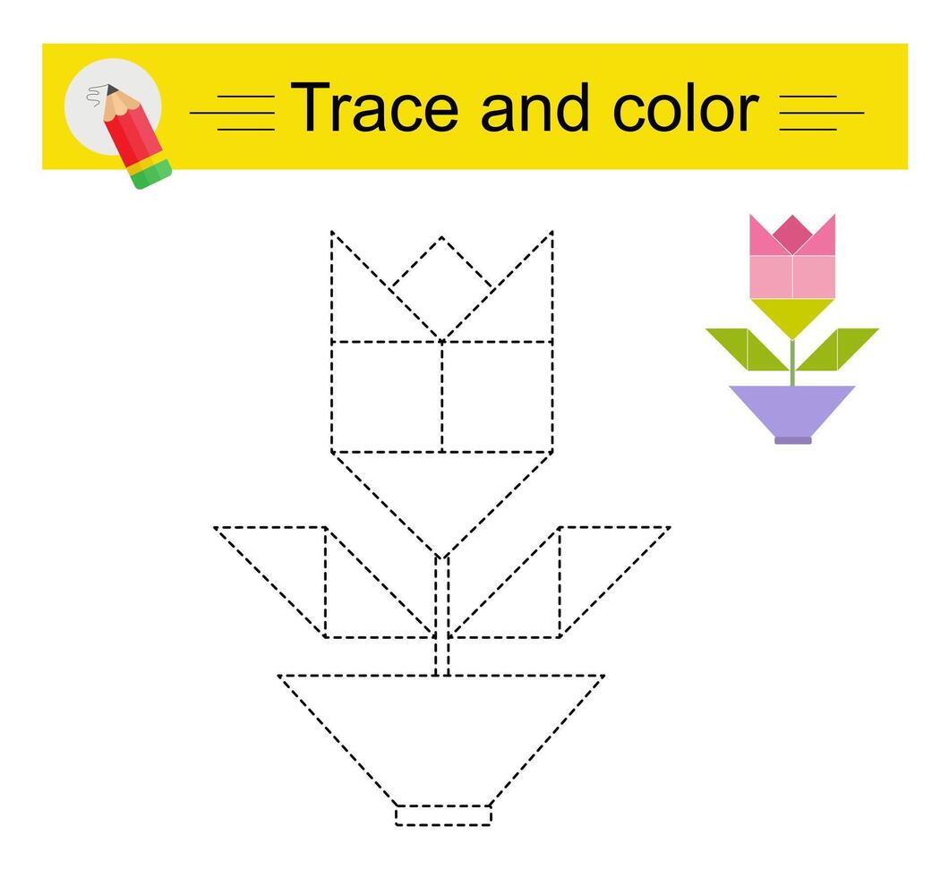 Trace and color for children. Preschool worksheet for practicing fine motor skills. Cartoon flower rose. vector