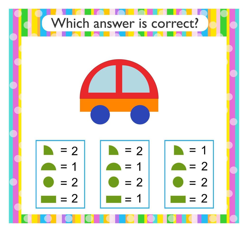 Math activity for kids. Find the correct answer. Cartoon car. vector