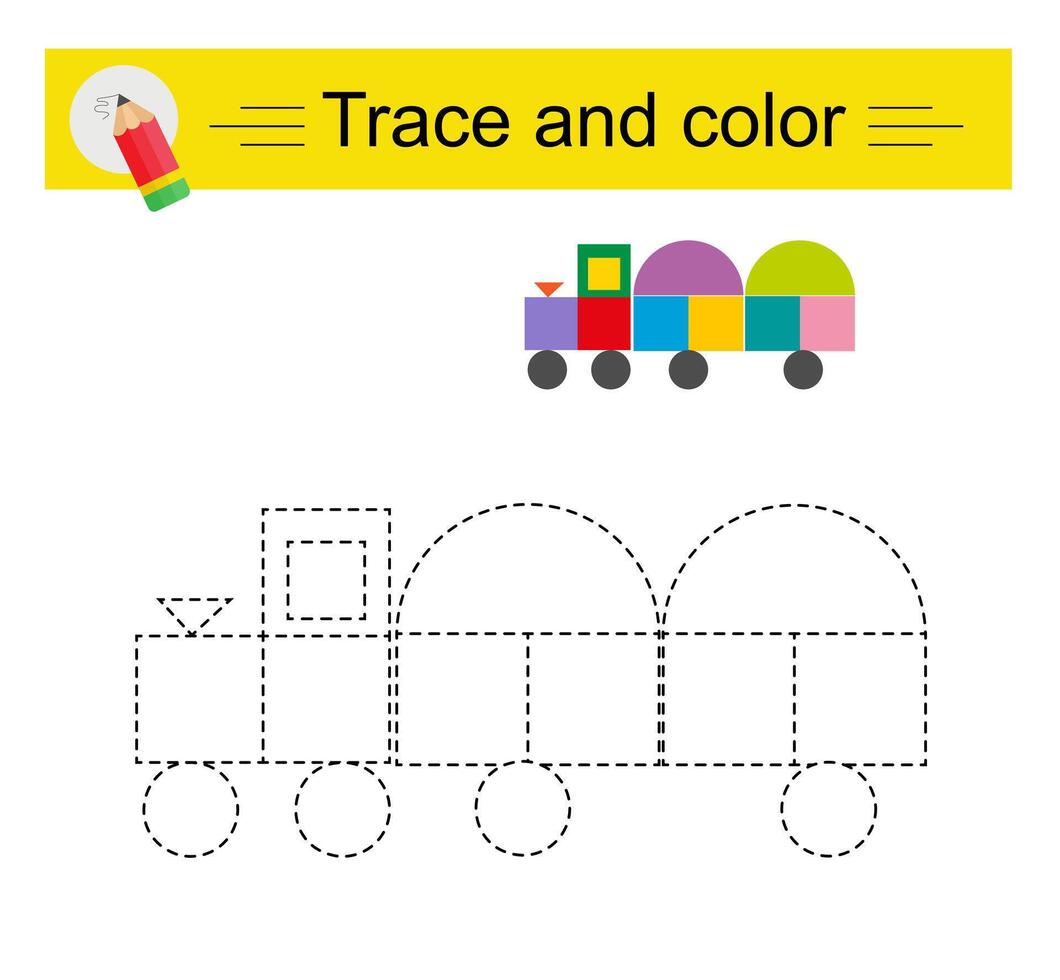 Trace and color for children. Preschool worksheet for practicing fine motor skills. Cartoon locomotive. vector