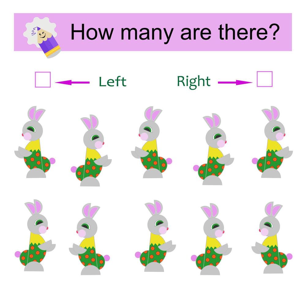Left or Right. Educational game for kids. Count how many hares are turned left and how many are turned right. vector