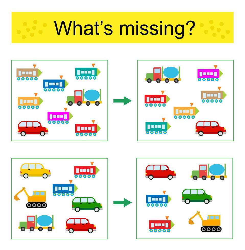 Puzzle game. Find the missing object. Cartoon transports. vector
