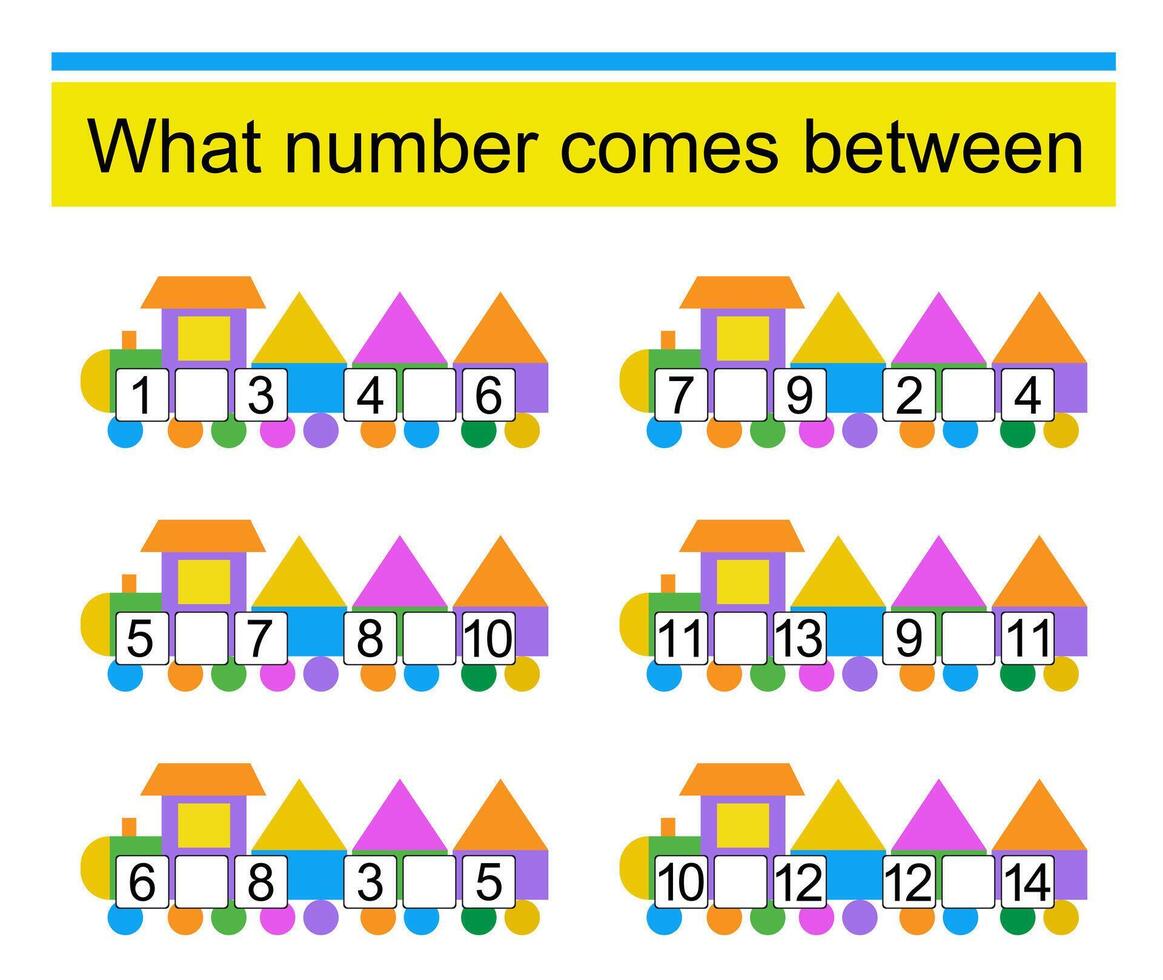 Math worksheets for children. Cartoon train. vector